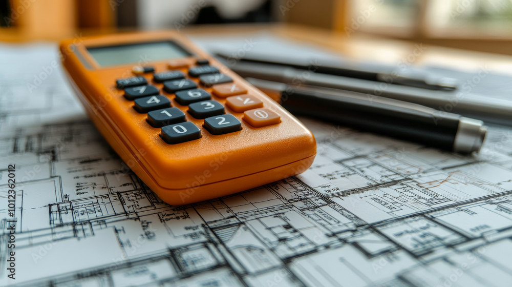 Orange calculator on blueprint with pen Orange calculator on blueprint with pen