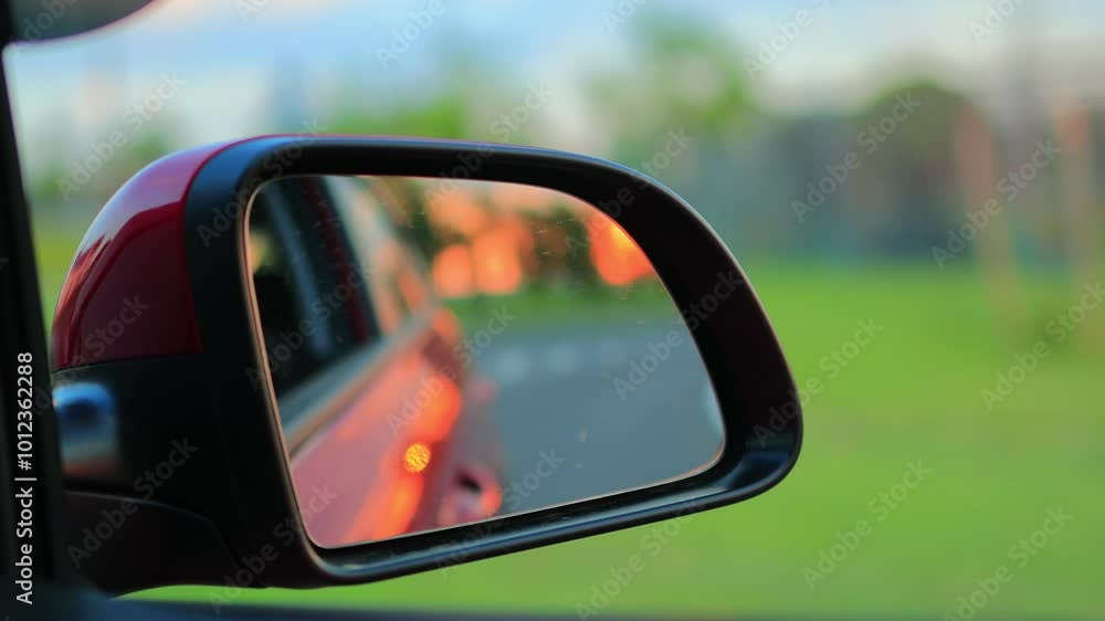 Video shooting in motion, view in the rear view side mirror of a auto, driving a red car along the road Video shooting in motion, view in the rear view side mirror of a auto, driving a red car along the road