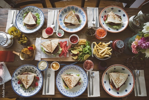 Overhead view of colorful table setting with various sandwiches and sides