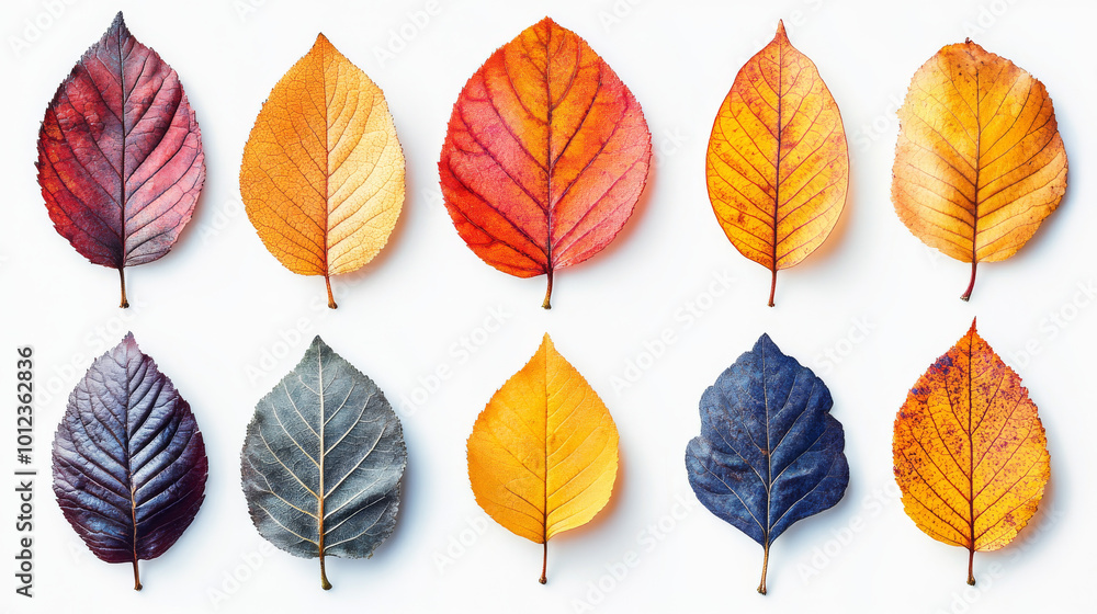 A collection of autumn leaves in various shades of red, yellow, and purple. A collection of autumn leaves in various shades of red, yellow, and purple.