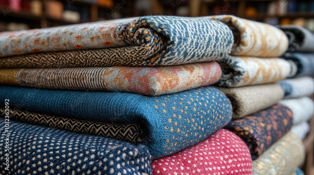 A stack of folded blankets in various colors and patterns, showcasing a variety of textures and designs. A stack of folded blankets in various colors and patterns, showcasing a variety of textures and designs.