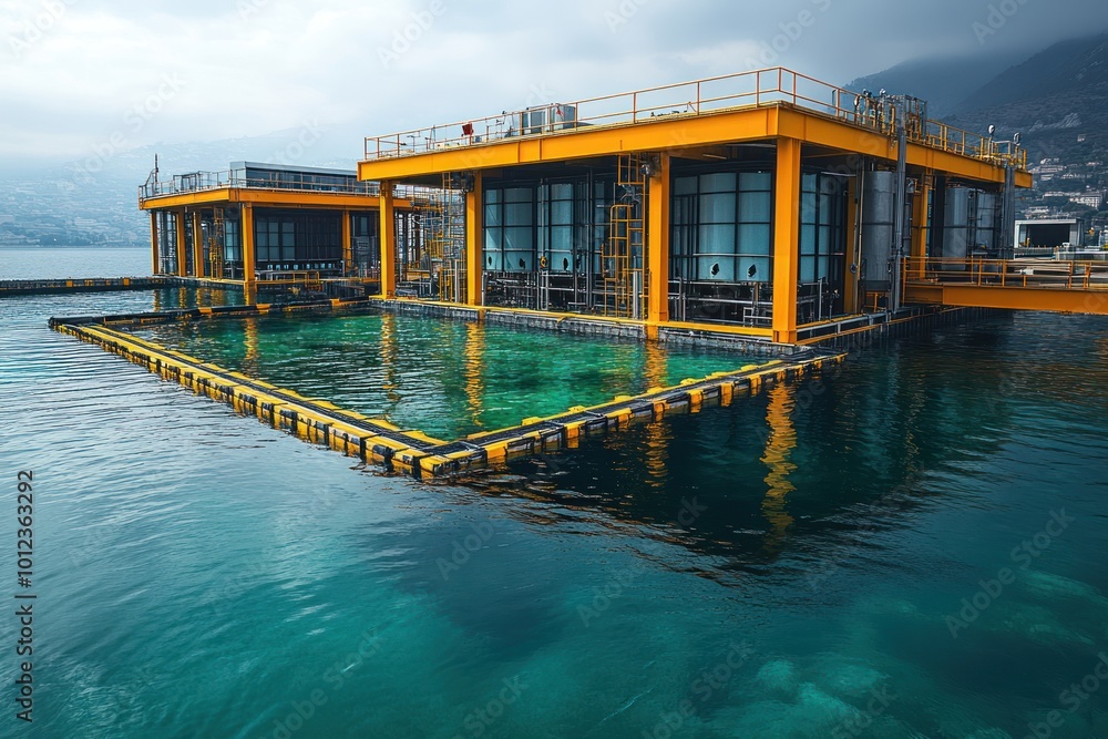 A yellow industrial complex with large tanks sits on a floating platform in a body of water. The water is a vibrant blue and there are mountains in the background. A yellow industrial complex with large tanks sits on a floating platform in a body of water. The water is a vibrant blue and there are mountains in the background.