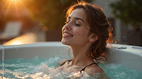 Young Woman Relaxing in a Luxurious Outdoor Jacuzzi with a Sunset Glow