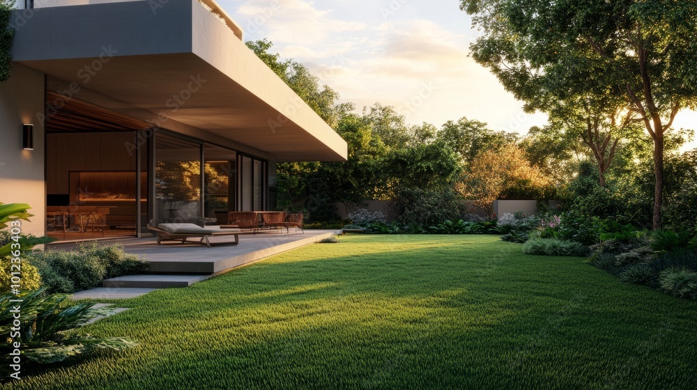 Rendered exterior of a modern house with rooftop terrace and garden generative ai Rendered exterior of a modern house with rooftop terrace and garden generative ai