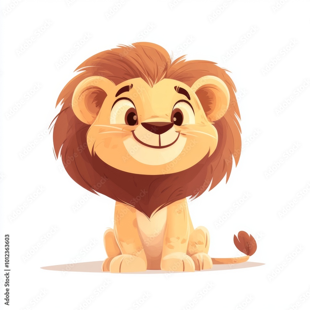 Φωτογραφία A cute cartoon lion cub with a big smile sits on a white background