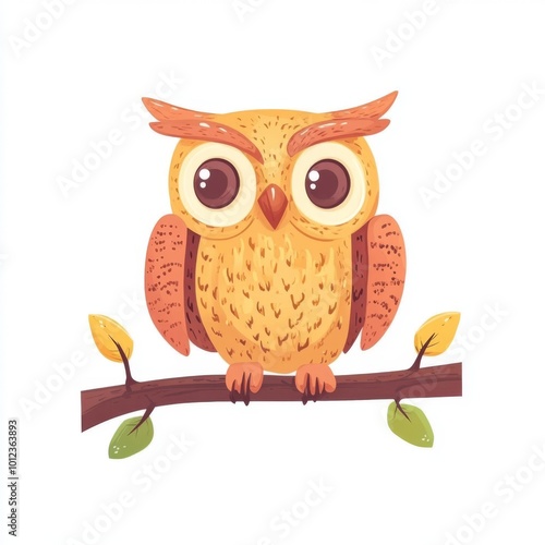 A cute cartoon owl perched on a branch with leaves. photo