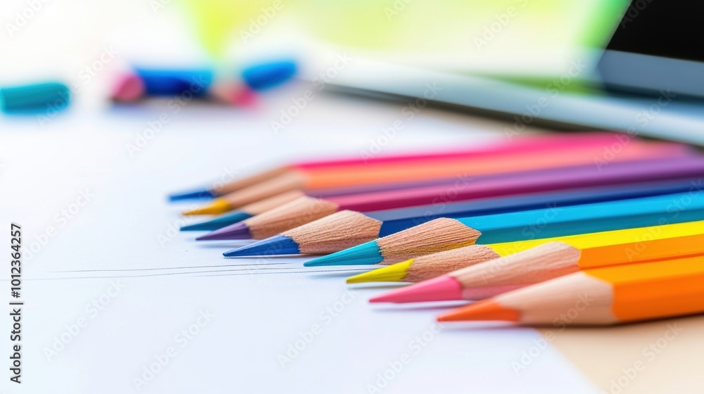 A row of colored pencils lined up on a table next to an open laptop, AI