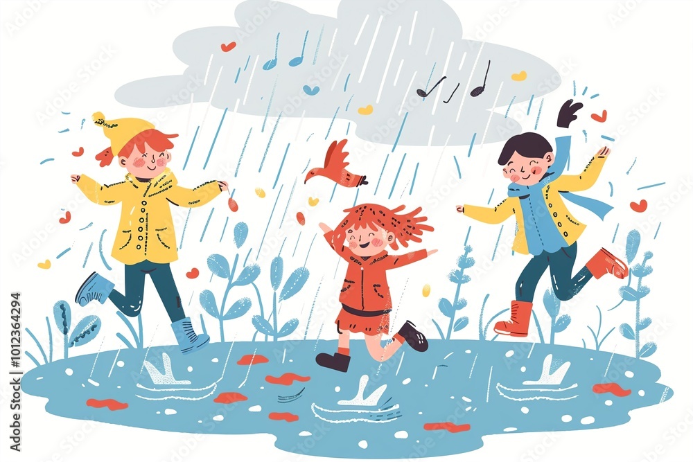 Obraz premium Cheerful children playing in rain with musical notes and hearts