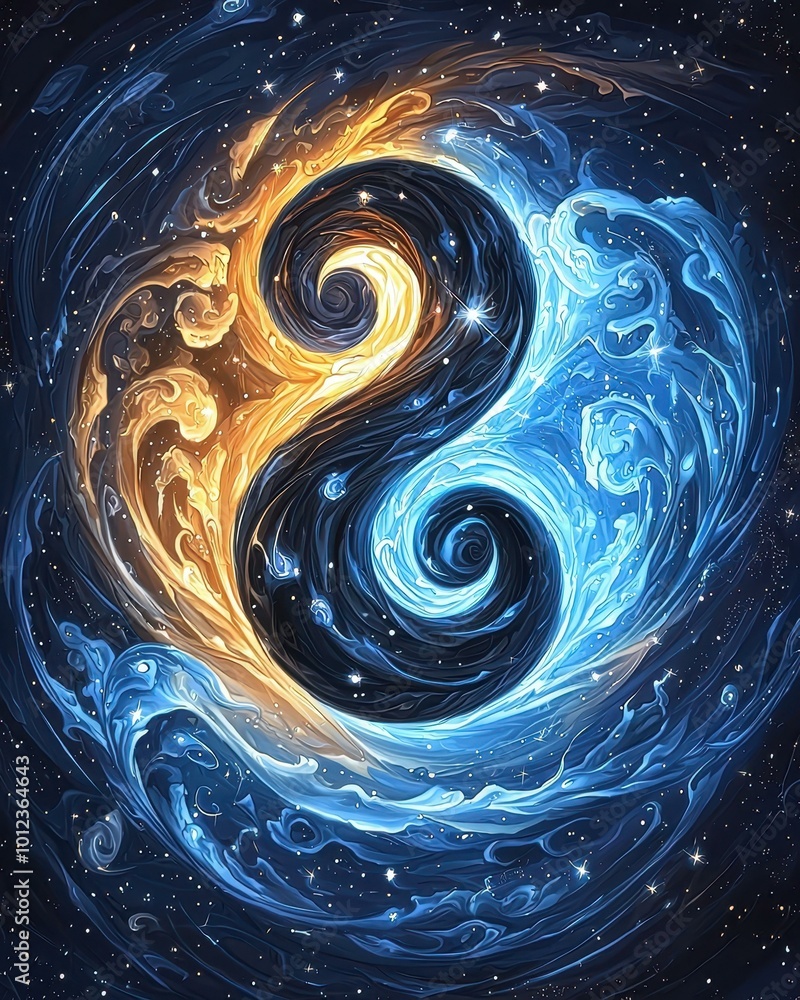 Yin and Yang Symbol in Cosmic Ocean Waves Light and Dark Balance with ...