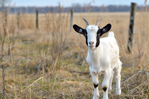 Curious white goat with black ears standing in grassy field