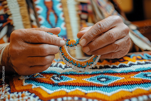 Native American Beadwork Craftsman Hands Closeup Colorful Beads Traditional Crafts Nati