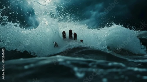 Hand reaching out of turbulent dark ocean wave