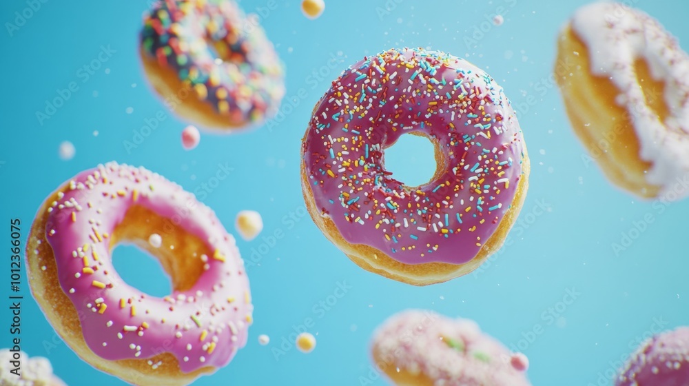 Several donuts with colorful toppings in free fall generative ai Several donuts with colorful toppings in free fall generative ai