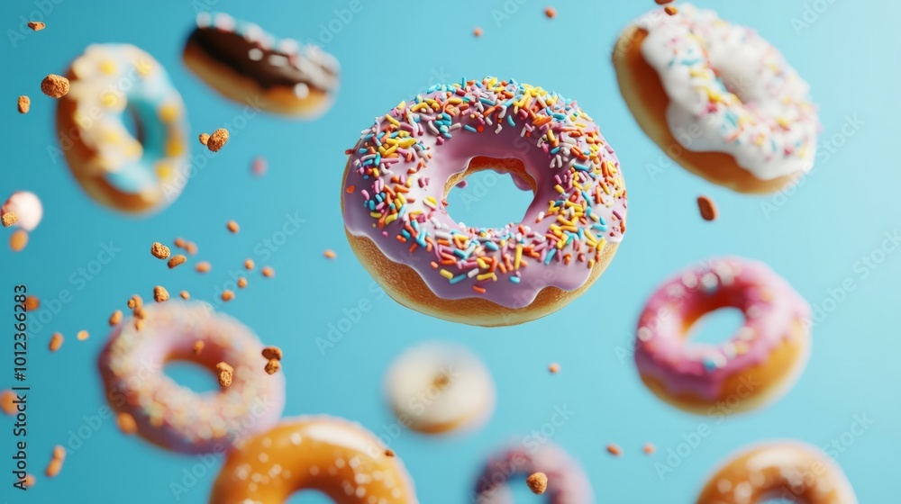 Several donuts with decorative toppings falling generative ai Several donuts with decorative toppings falling generative ai