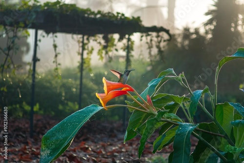 Hummingbird hovering over vibrant tropical flower in misty garden at dawn photo