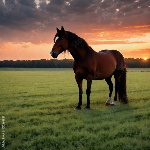 Horse in field at sunset