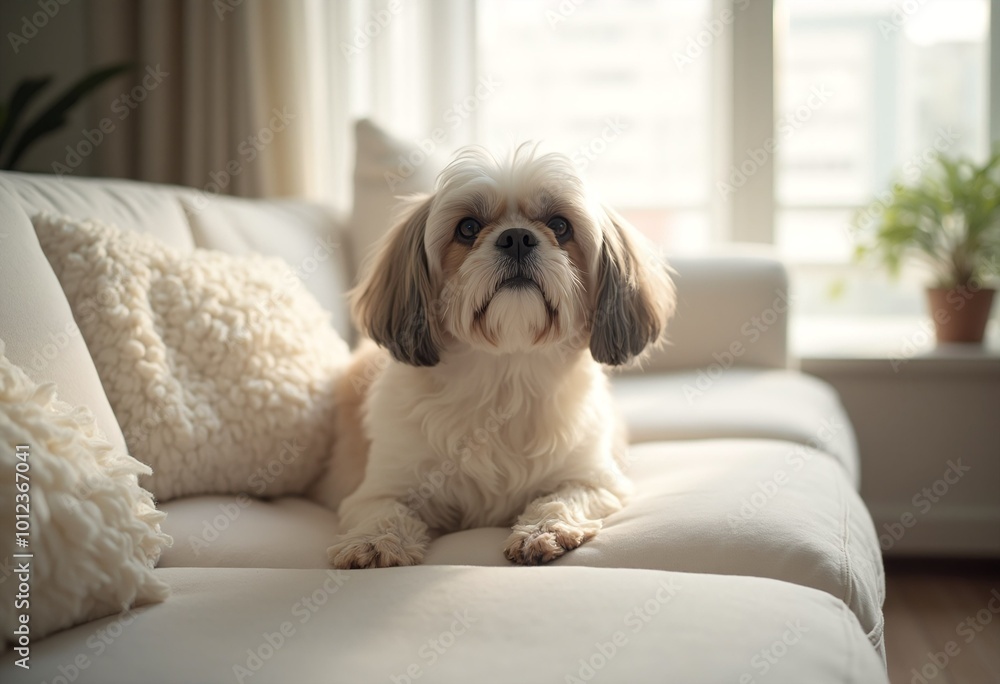 Adorable Shih Tzu dog relaxing on cozy white couch in sunlit living room Adorable Shih Tzu dog relaxing on cozy white couch in sunlit living room