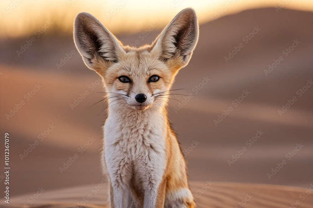 Fototapeta premium Close-up portrait of alert fennec fox with large ears in desert at sunset
