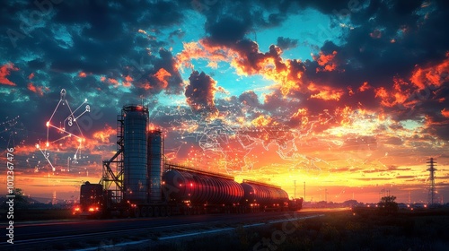 A semi-trailer truck with a grain silo in the background, hauling grain at sunset with a digital world map and network overlay. photo