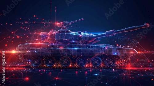 A futuristic tank is rendered with a digital illustration style, with an abstract background.