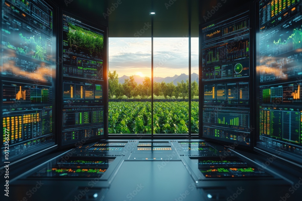 A futuristic control room with large screens displaying data and a window overlooking a sunset over a field. A futuristic control room with large screens displaying data and a window overlooking a sunset over a field.