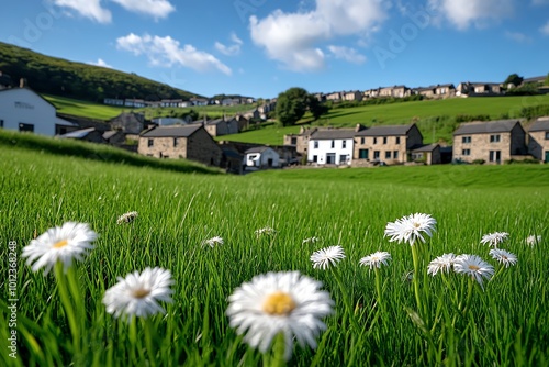 A quaint countryside village with rolling hills and traditional stone cottages, symbolizing the peaceful charm of rural tourism photo