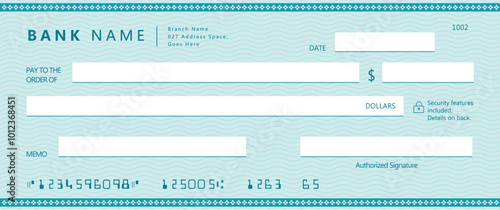 Bank check, vector blank money cheque, checkbook template with guilloche pattern and fields. Currency payment coupon, money check background
