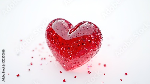 A stunning 3D red heart made of glass material, isolated against a pure white background. The heart features a glossy finish that reflects light beautifully, creating a captivating play of reflections