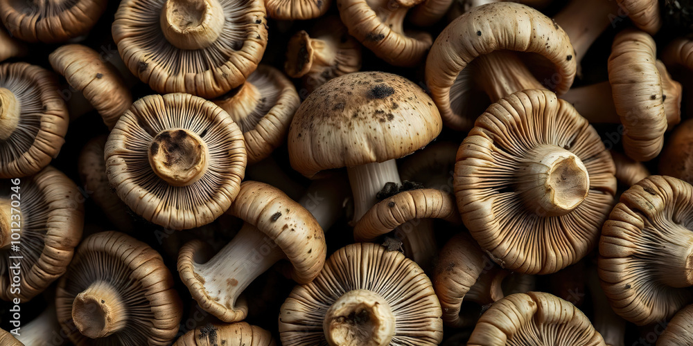 A macro shot of a pile of wild, freshly picked mushrooms showcasing their unique textures and earthy colors, perfect for highlighting nature's bounty and culinary delights. A macro shot of a pile of wild, freshly picked mushrooms showcasing their unique textures and earthy colors, perfect for highlighting nature's bounty and culinary delights.