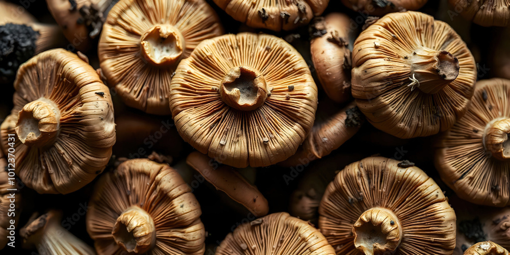 A macro shot of a pile of wild, freshly picked mushrooms showcasing their unique textures and earthy colors, perfect for highlighting nature's bounty and culinary delights. A macro shot of a pile of wild, freshly picked mushrooms showcasing their unique textures and earthy colors, perfect for highlighting nature's bounty and culinary delights.