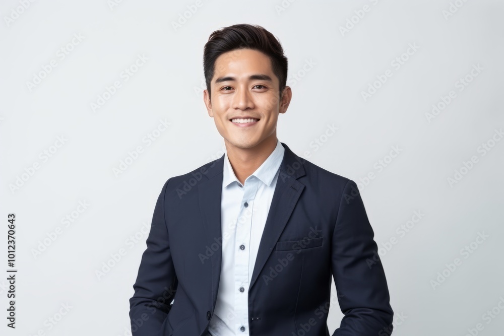 Portrait of a happy young asian business man standing over gray background Portrait of a happy young asian business man standing over gray background