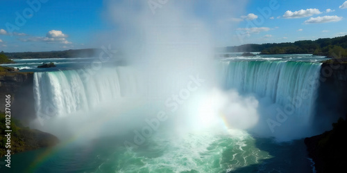 A majestic waterfall with a vibrant rainbow cutting through the mist, creating a breathtaking natural scene that embodies the beauty and power of nature.