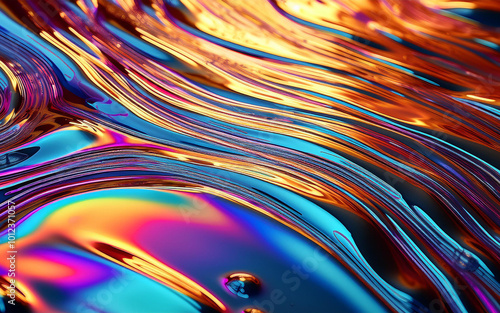 abstract oil background with waves, reflective rainbow oil slick render