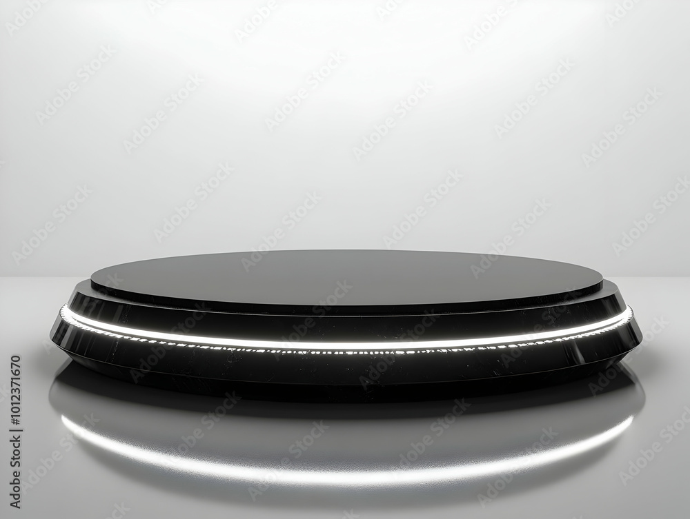 3D Rendering Black Podium with Neon Light Background 3D Rendering Black Podium with Neon Light Background