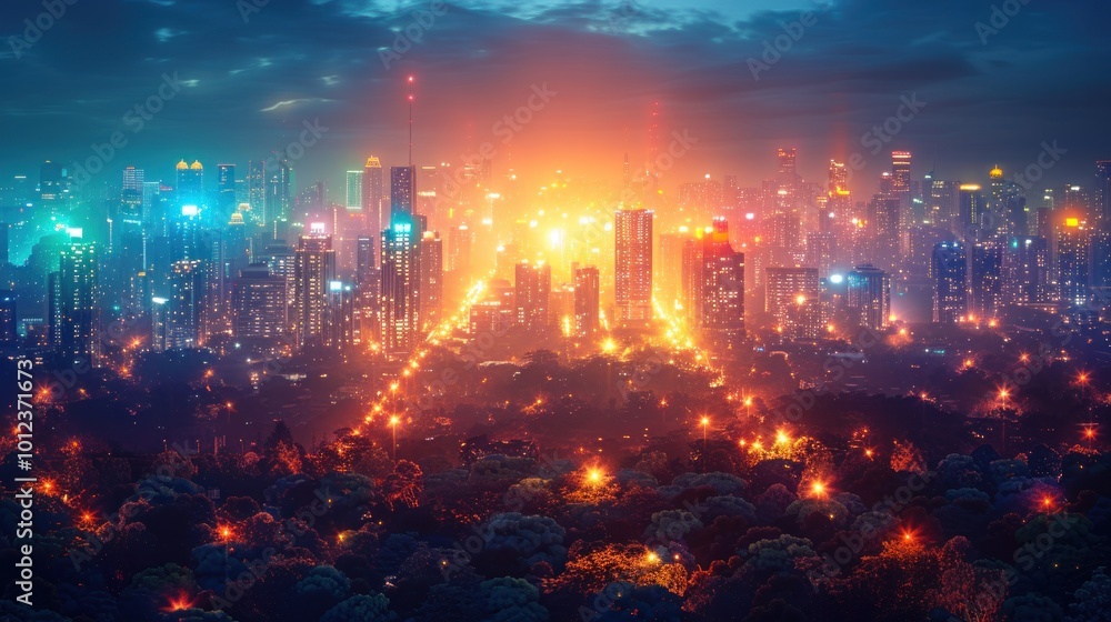 Fototapeta premium Cityscape at Night with Warm and Cool Colors