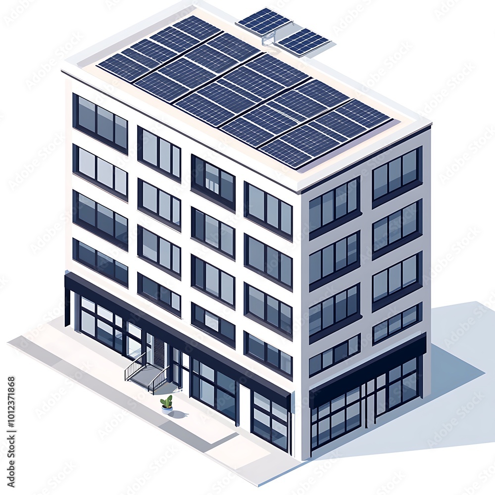 Isometric Building with Solar Panels on Roof, Sustainable Architecture Design Isometric Building with Solar Panels on Roof, Sustainable Architecture Design