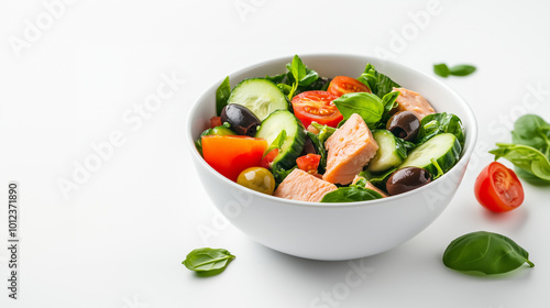 Fresh salad with salmon, cucumbers, cherry tomatoes, and olives, garnished with basil leaves, offers healthy and vibrant meal option.