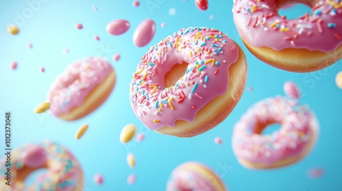 Sweet donuts falling from above, decorated with candy and icing generative ai