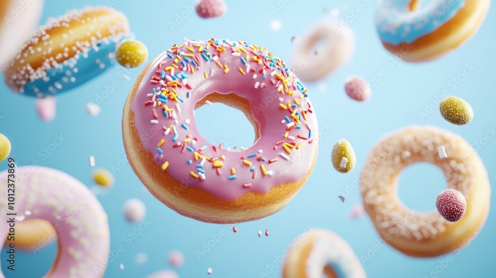 Sweet donuts tumbling through the air, decorated with icing and candies generative ai Sweet donuts tumbling through the air, decorated with icing and candies generative ai