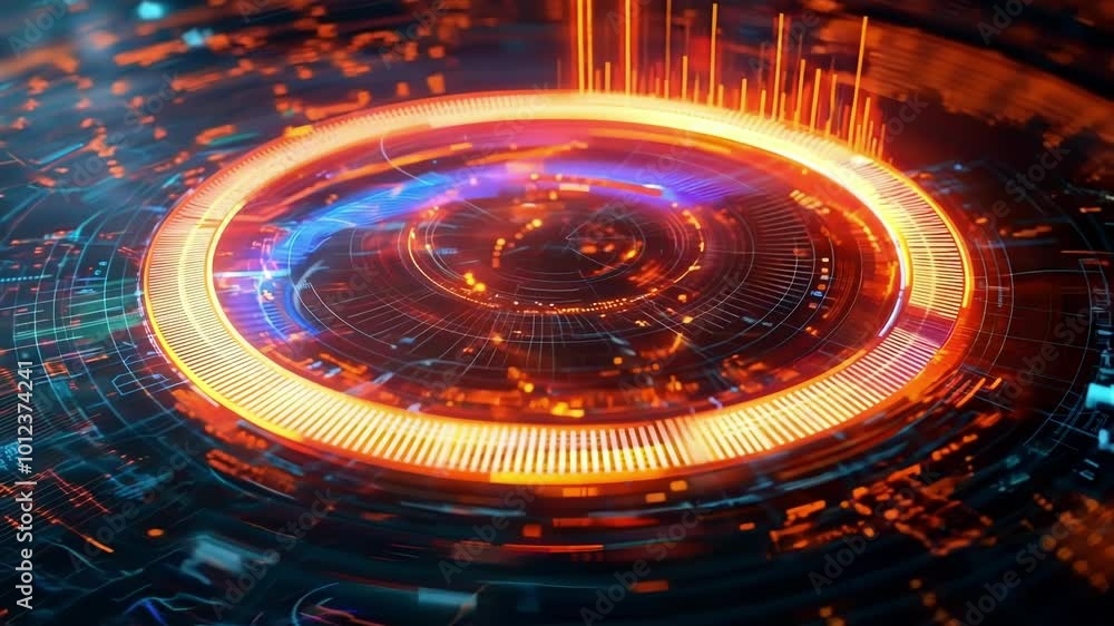 Vibrant orange and blue code lines form a futuristic finance circle, showcasing big data with animated particles Vibrant orange and blue code lines form a futuristic finance circle, showcasing big data with animated particles