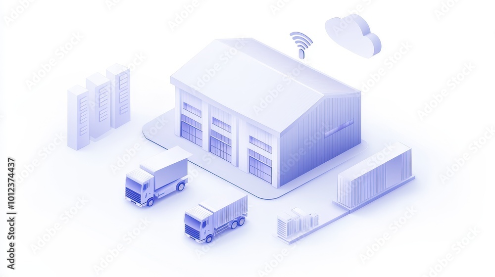 A blue and white image of a warehouse with a truck in front of it A blue and white image of a warehouse with a truck in front of it