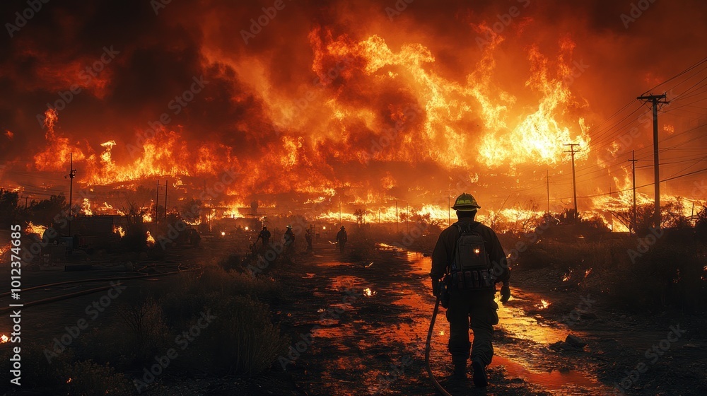 A lone firefighter walks through a burning landscape, smoke and flames engulfing the horizon, a testament to the destructive power of wildfire. A lone firefighter walks through a burning landscape, smoke and flames engulfing the horizon, a testament to the destructive power of wildfire.