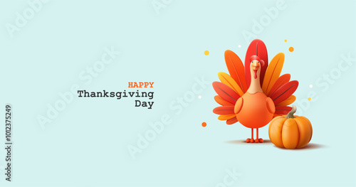 3D turkey bird with a bright tail near a pumpkin. A blue banner with a bright character and a pumpkin. Thanksgiving web banner. National American traditions. Vector illustration.