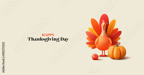 Happy Thanksgiving. 3D stylized cute turkey bird, pumpkin, apple. Modern banner for concepts and advertising of the celebration of Thanksgiving Day. Minimalist image. Vector illustration.