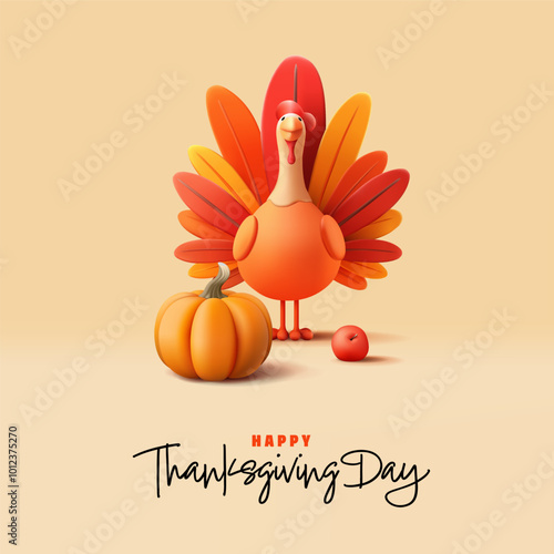 Stylized bright domestic turkey bird, 3D. Pumpkin and apple. Modern rich fall banner for Thanksgiving celebration concepts. Vector illustration.