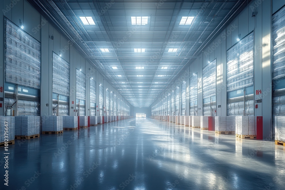 A large, empty warehouse with rows of pallets stacked with goods and a bright, open doorway at the end. A large, empty warehouse with rows of pallets stacked with goods and a bright, open doorway at the end.