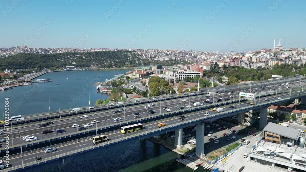 Istanbul Golden Horn view drone video shooting. Istanbul Silhouette and knee view, Istanbul Golden Horn known as the Golden Horn region. Bridge and bridge traffic passing over the sea. Golden Horn Bri Istanbul Golden Horn view drone video shooting. Istanbul Silhouette and knee view, Istanbul Golden Horn known as the Golden Horn region. Bridge and bridge traffic passing over the sea. Golden Horn Bri