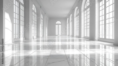 Empty white hallway with large windows and marble floor, sunlight streaming through.