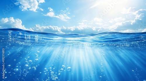A half-submerged view of a beautiful blue ocean with sunlight shining through the water. The surface of the water is calm and reflects the blue sky above.