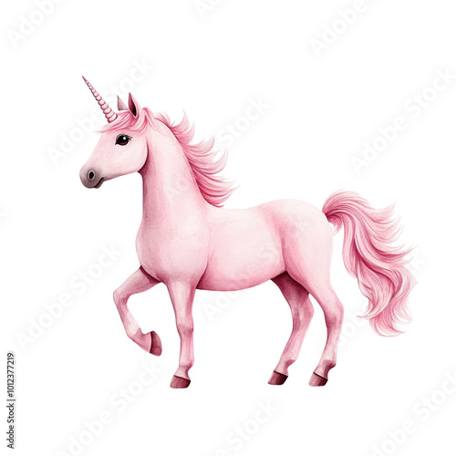 Pink unicorn illustration on a white isolated background.